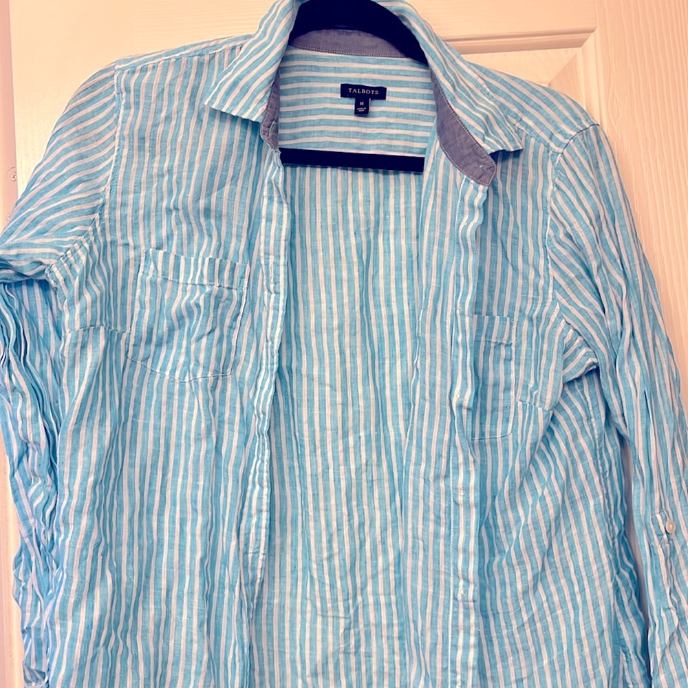 Talbots white and blue striped Linen Button Down 100% linen size Medium